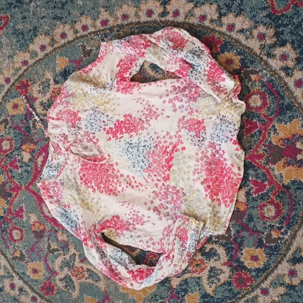 Lucky Brand Red Blue Floral Print Viscose Boho Peasant Blouse S